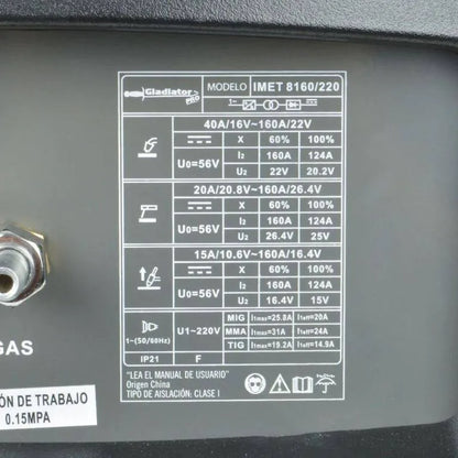 SOLDADORA 160 AMP MIG FLUX-TIG-ARCO GLADIATOR IMET 8160/220
