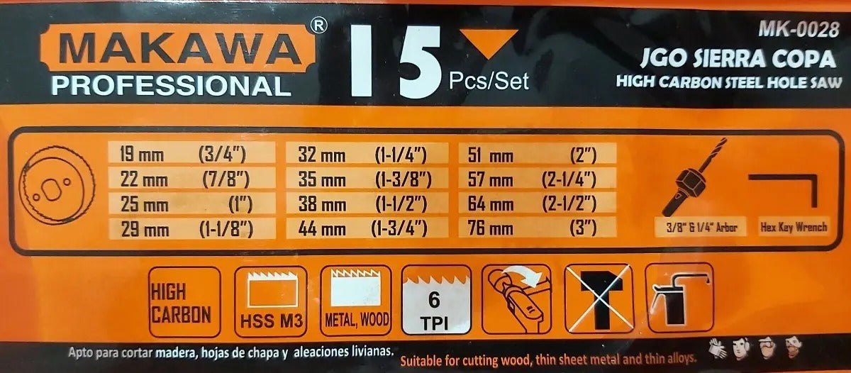 JUEGO DE BROCAS SIERRA COPA 15 PIEZAS TAMAÑOS 19-76mm MAKAWA MK-0028