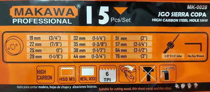 JUEGO DE BROCAS SIERRA COPA 15 PIEZAS TAMAÑOS 19-76mm MAKAWA MK-0028