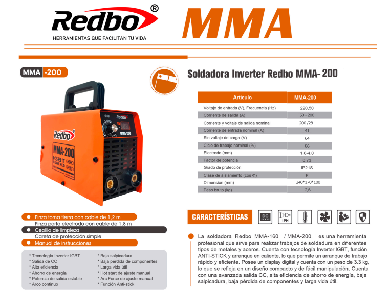 SOLDADORA INVERTER MMA-200 REDBO