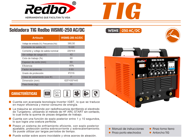 SOLDADORA TIG WSME-250 AC/DC REDBO