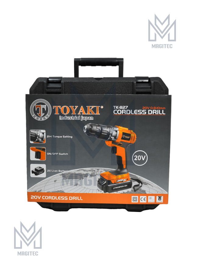 TALADRO INALAMBRICO 10MM 20V LITIO TOYAKI + 2 BAT + 1 CARG TK-827