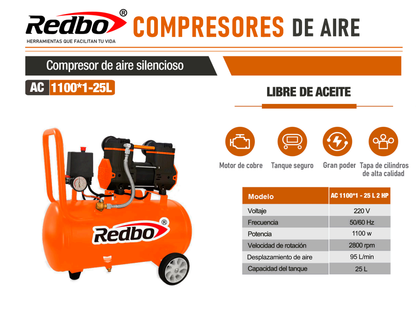 COMPRESOR DE AIRE SILENCIOSO LIBRE DE ACEITE 25L 2HP REDBO