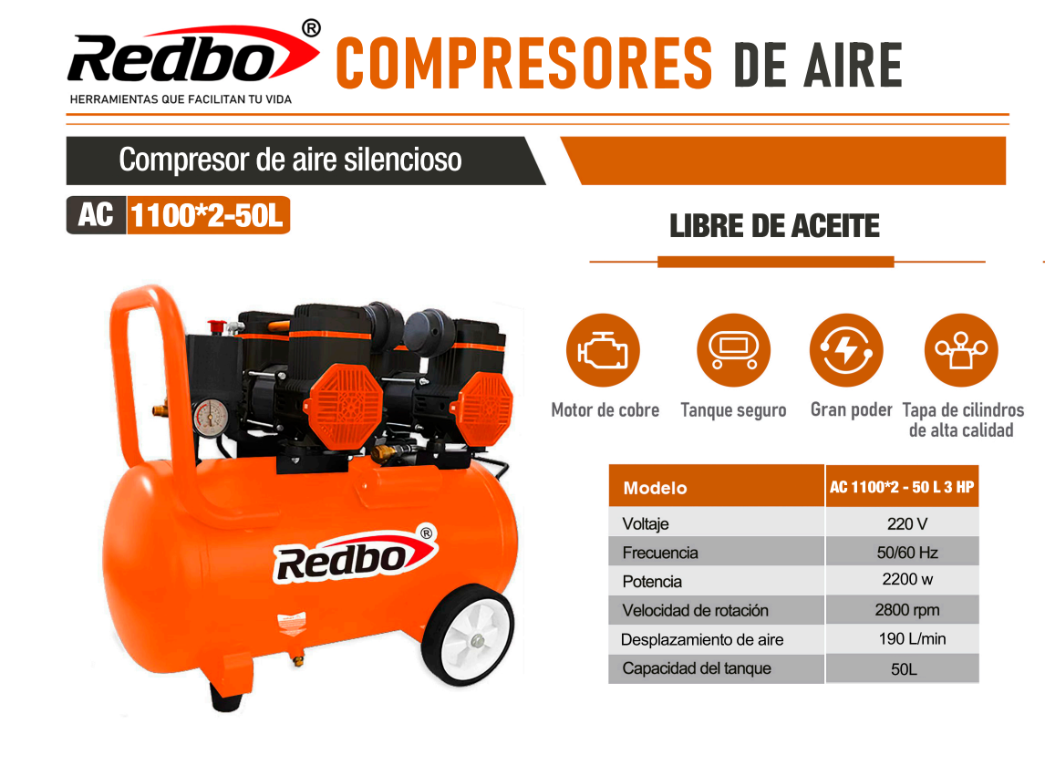 COMPRESOR DE AIRE SILENCIOSO LIBRE DE ACEITE 50L 3HP REDBO