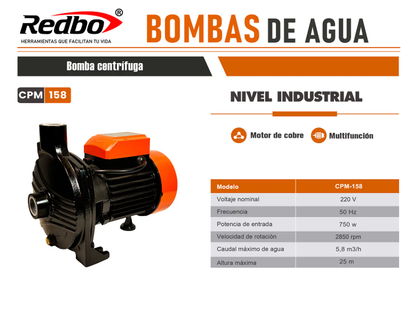 BOMBA DE AGUA PERIFERICA 1HP 750W REDBO CPM-158