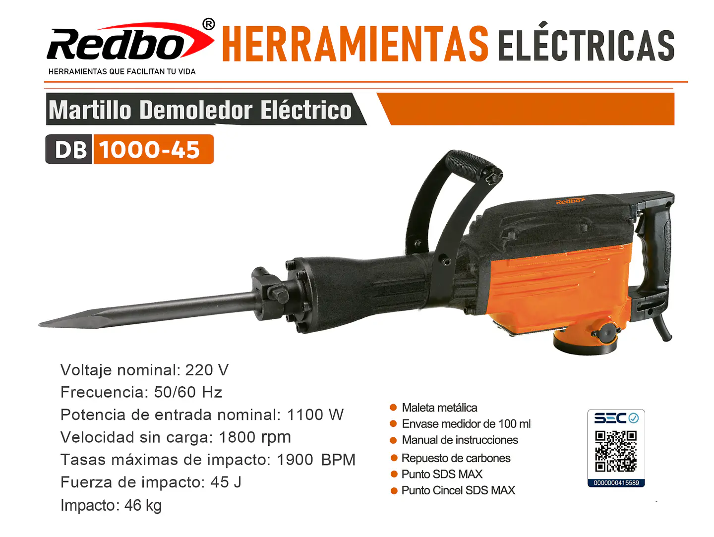 MARTILLO DEMOLEDOR ELECTRICO 1100W 45J REDBO DB 1000-45