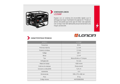 GENERADOR GASOLINA LONCIN LC2500F 2.2 KVA PARTIDA MANUAL