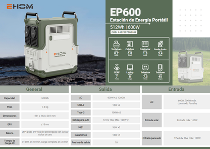 ESTACION DE ENERGÍA PORTÁTIL 600W EHOM EP600