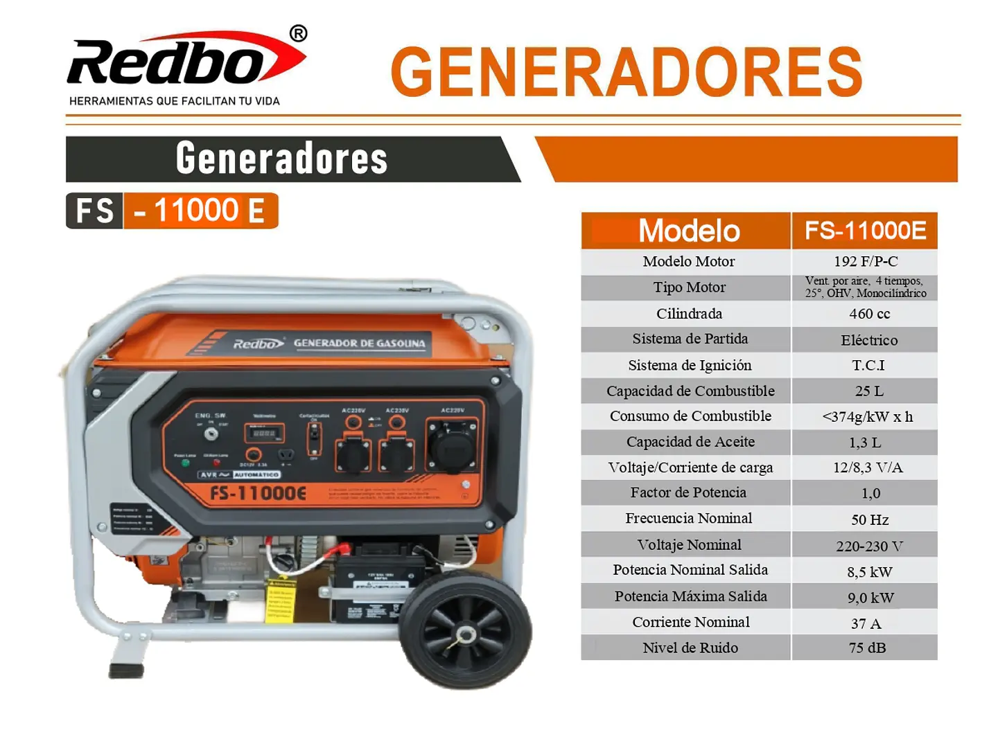 GENERADOR GASOLINA PARTIDA ELECTRICA 9,0 kW REDBO FS-11000E + ATS