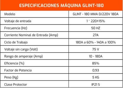 SOLDADORA INVERTER MMA 180A 220V GLINT MMA-180