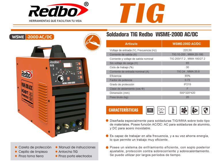 SOLDADORA TIG WSME-200D AC/DC REDBO