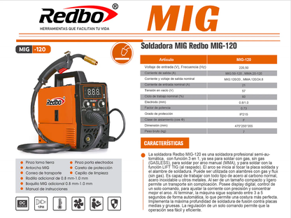 SOLDADORA INVERTER PROFESIONAL REDBO MIG-120 + ALAMBRE