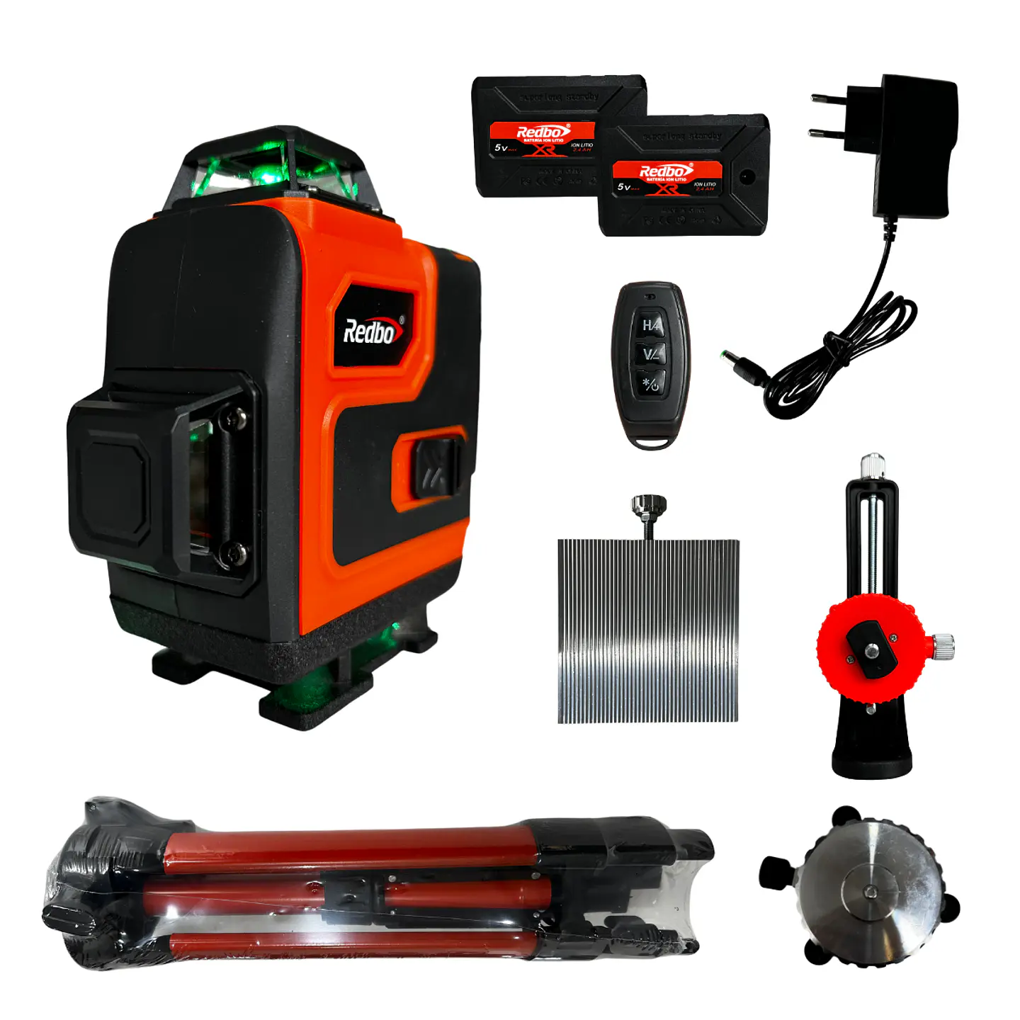 NIVEL LASER REDBO RB-4D-16 4×360° VERDE CON TRIPODE Y ACCESORIOS