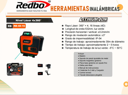 NIVEL LASER REDBO RB-4D-16 4×360° VERDE CON TRIPODE Y ACCESORIOS