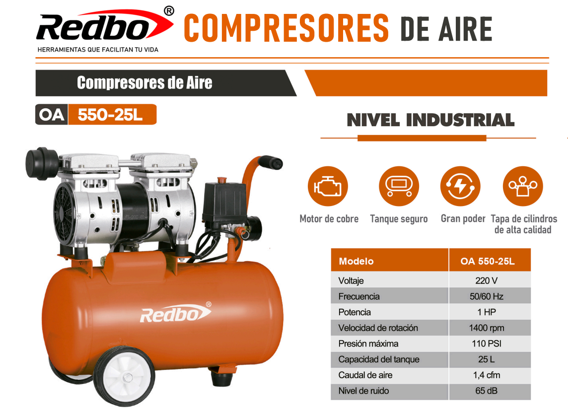 COMPRESOR DE AIRE SILENCIOSO 25L 1HP REDBO OA 550-25L
