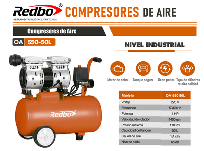 COMPRESOR DE AIRE SILENCIOSO 50L 1HP REDBO OA 550-50L