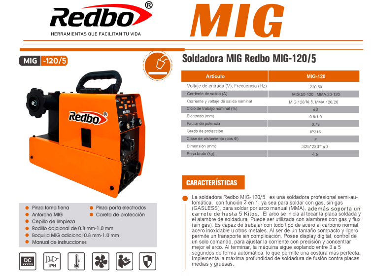 SOLDADORA 3 EN 1 MIG/TIG LIFT/MMA REDBO MIG-120/5kg