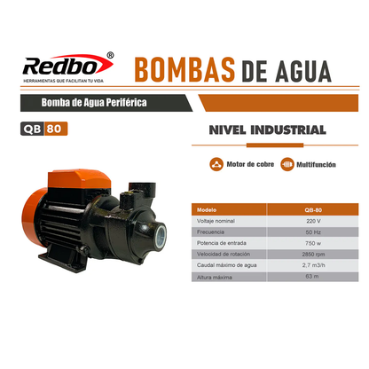 BOMBA DE AGUA PERIFERICA 1HP 750W REDBO QB-80