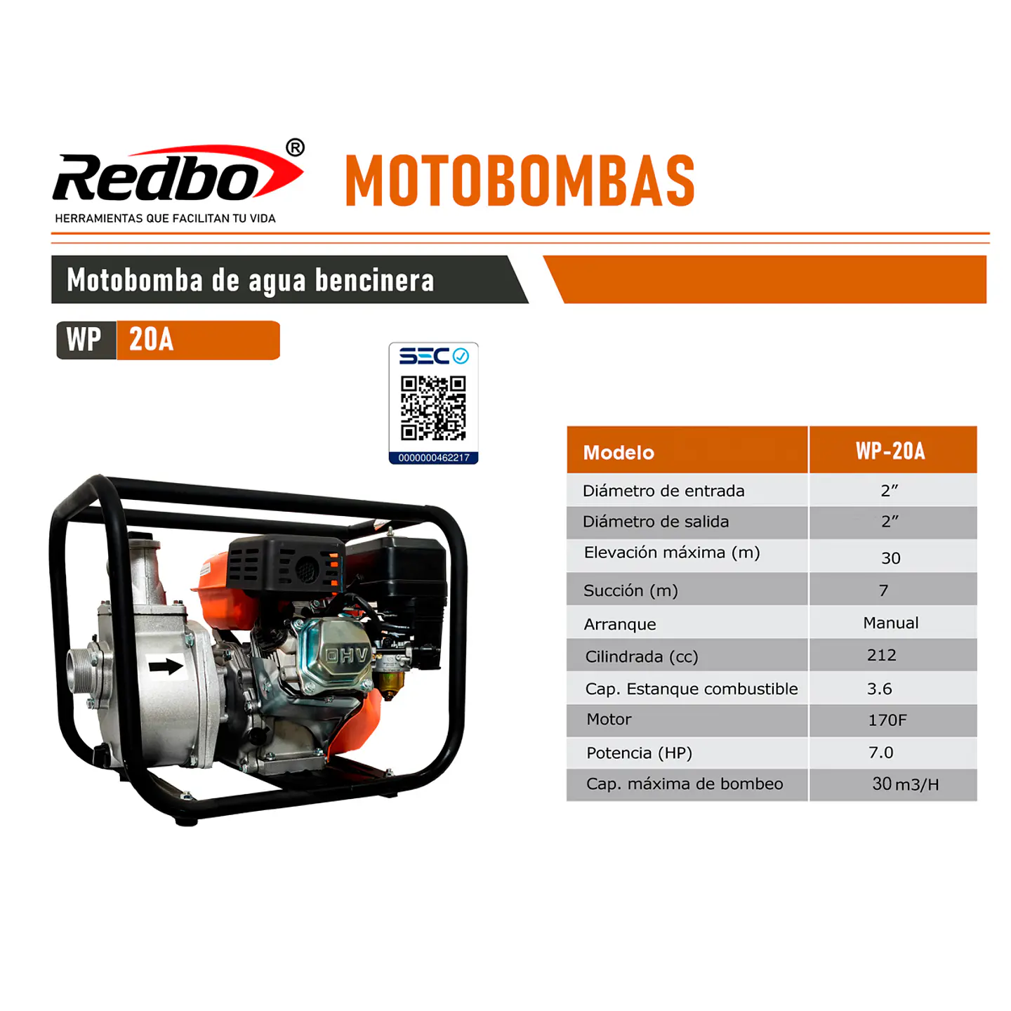 MOTOBOMBA DE AGUA BENCINERA 7HP 2' REDBO WP-20