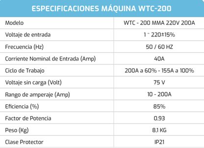 SOLDADORA INVERTER 200A MMA/TIG 220V WELTEC WTC-200