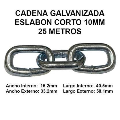 CADENA GALVANIZADA 10MM ESLABON CORTO 25 METROS OKB