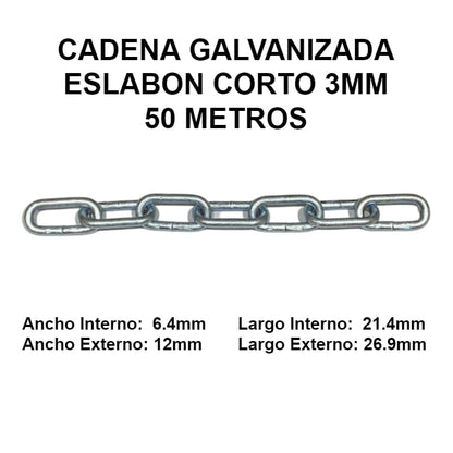 CADENA GALVANIZADA 3MM ESLABON CORTO 50 METROS OKB
