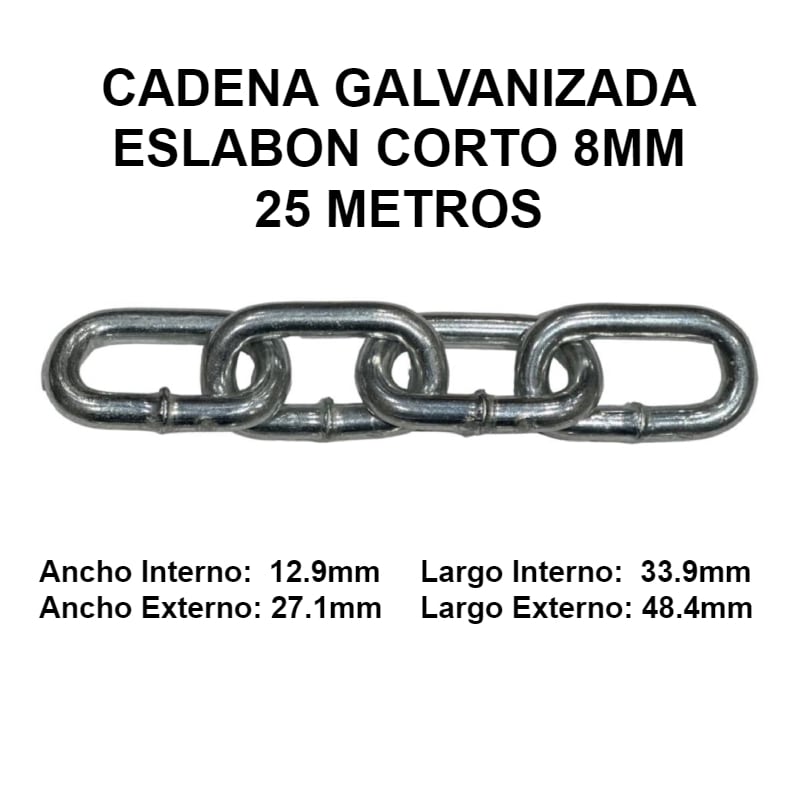 CADENA GALVANIZADA 8 MM ESLABON CORTO 25 METROS OKB