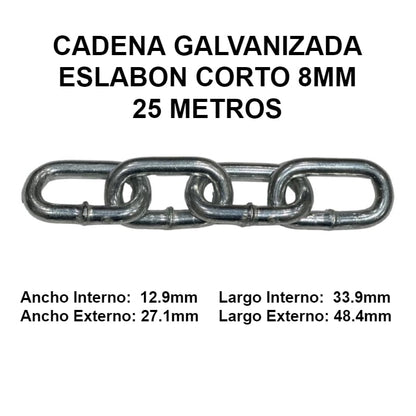 CADENA GALVANIZADA 8 MM ESLABON CORTO 25 METROS OKB