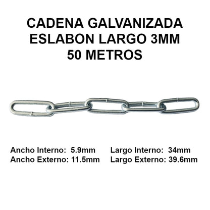 CADENA GALVANIZADA 3MM ESLABON LARGO 50 METROS OKB