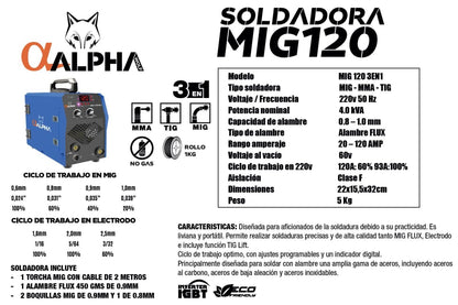 SOLDADORA MIG 120 AMP MIG FLUX-MMA-TIG ALPHA PRO