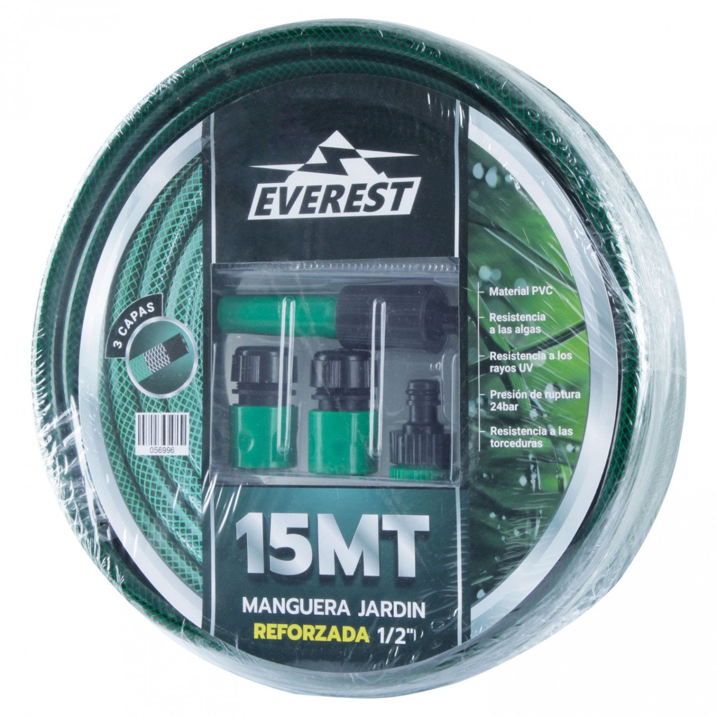 MANGUERA JARDIN REFORZADA 1/2"x 15 METROS CON ACCESORIOS EVEREST