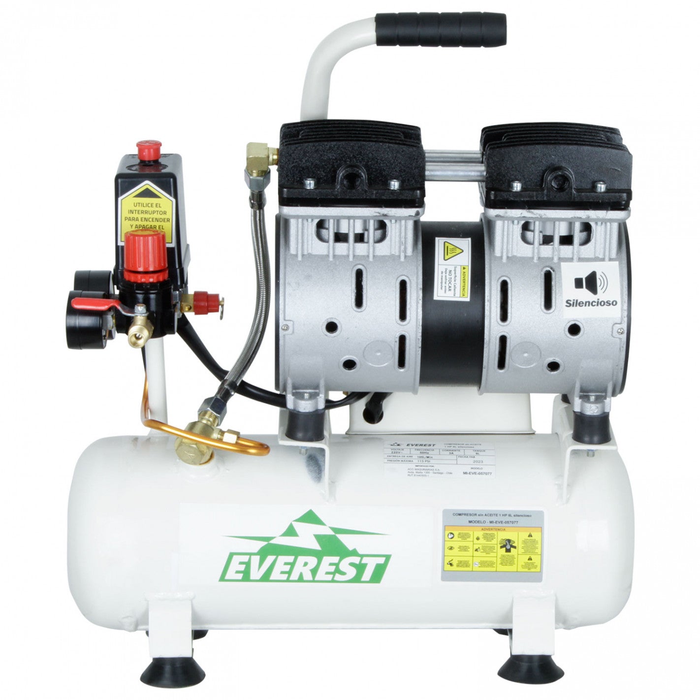 COMPRESOR SILENCIOSO LIBRE DE ACEITE 1HP 6 LITROS EVEREST