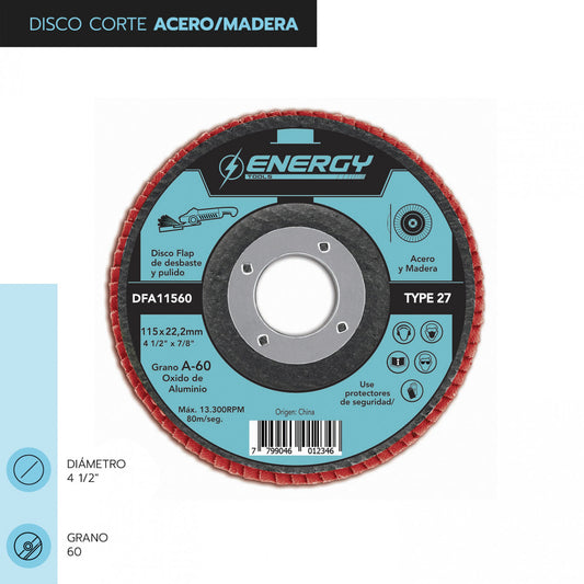 DISCO TRASLAPADO FLAP ACERO/MADERA 4 1/2′ G60 ENERGY