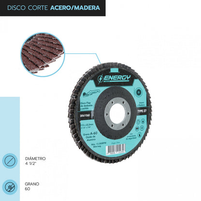 DISCO TRASLAPADO FLAP ACERO/MADERA 4 1/2′ G60 ENERGY