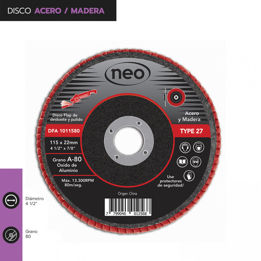 DISCO TRASLAPADO FLAP ACERO/MADERA 4 1/2′ G80 NEO