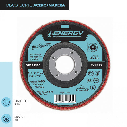 DISCO TRASLAPADO FLAP ACERO/MADERA 4 1/2′ G80 ENERGY