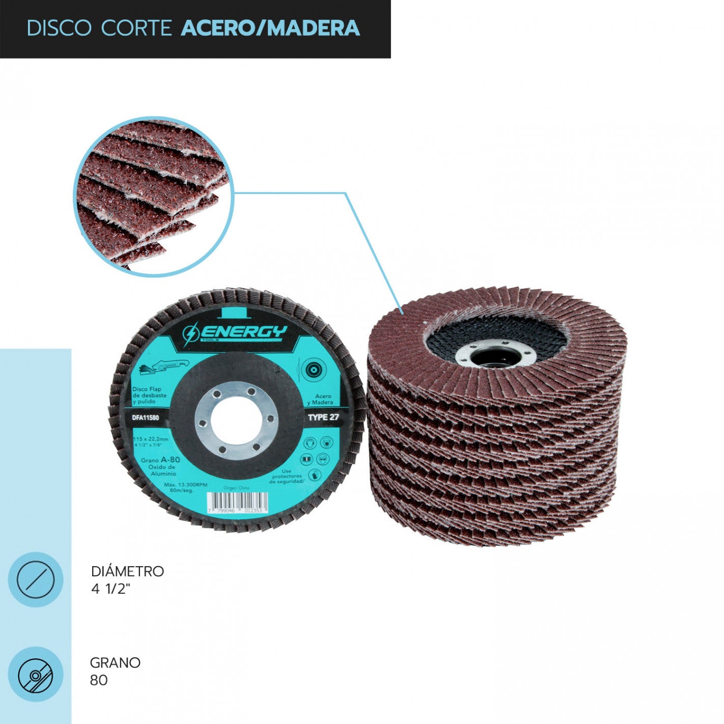 DISCO TRASLAPADO FLAP ACERO/MADERA 4 1/2′ G80 ENERGY