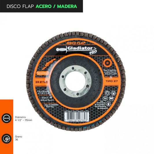 DISCO TRASLAPADO FLAP ACERO/MADERA 4 1/2′ G36 GLADIATOR