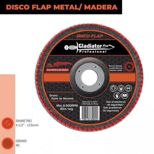 DISCO TRASLAPADO FLAP ACERO/MADERA 4 1/2′ G40 GLADIATOR