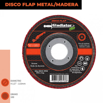 DISCO TRASLAPADO FLAP ACERO/MADERA 4 1/2′ G100 GLADIATOR