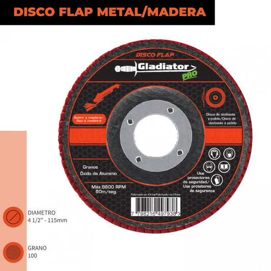 DISCO TRASLAPADO FLAP ACERO/MADERA 4 1/2′ G100 GLADIATOR