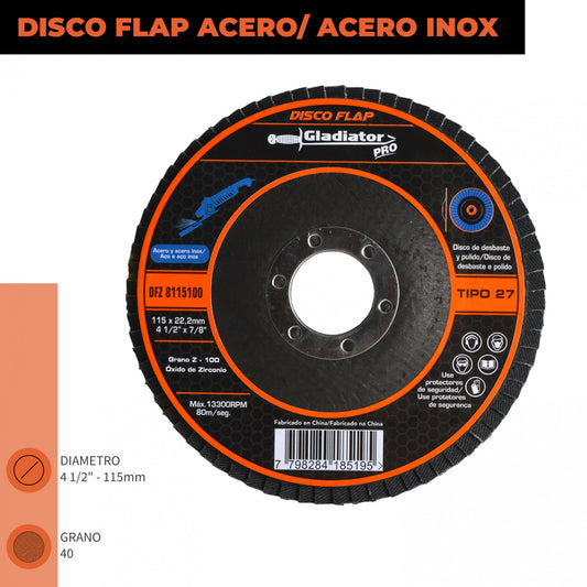 DISCO TRASLAPADO FLAP METAL/ACERO INOX 4 1/2′ G100 GLADIATOR