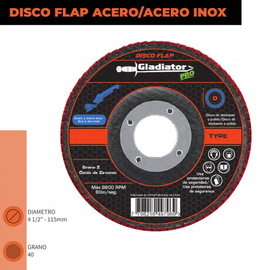 DISCO TRASLAPADO FLAP METAL/ACERO INOX 4 1/2′ G120 GLADIATOR