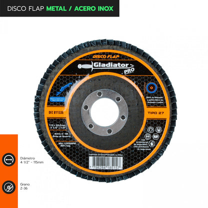 DISCO TRASLAPADO FLAP METAL/ACERO INOX 4 1/2′ G36 GLADIATOR