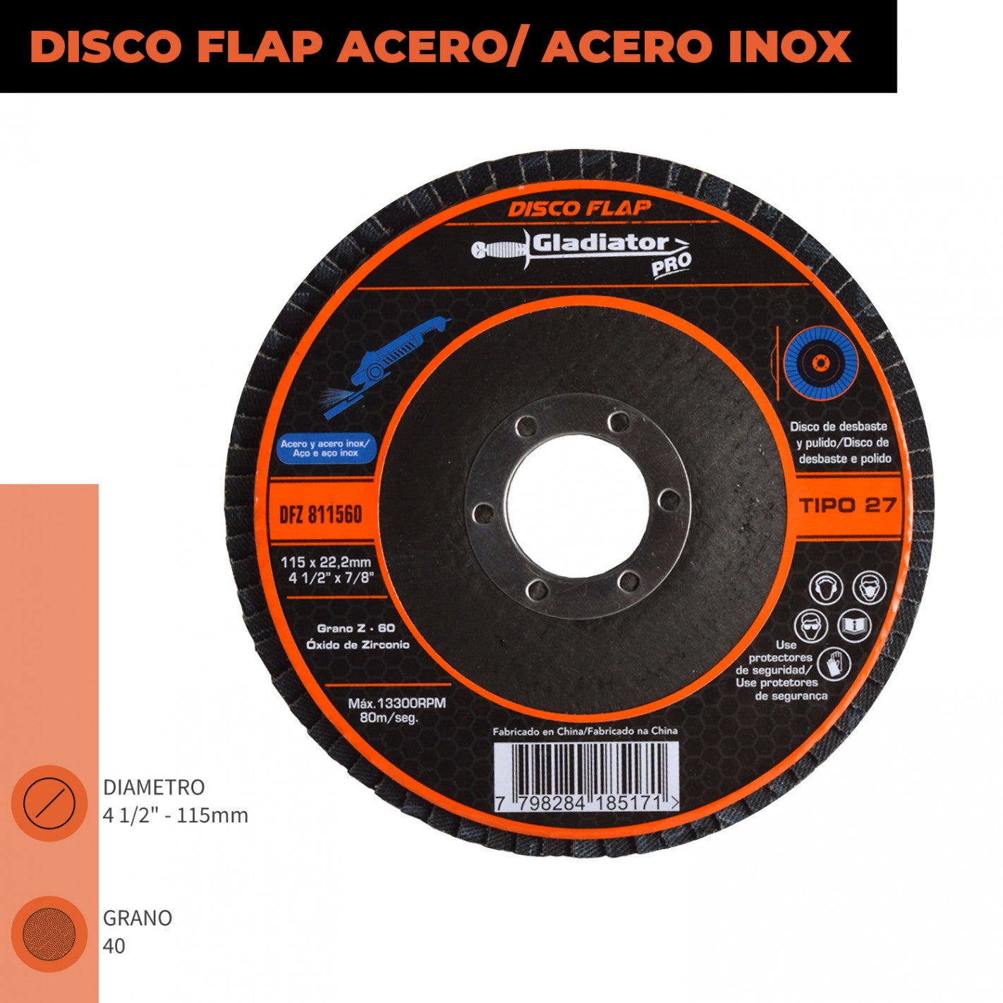 DISCO TRASLAPADO FLAP METAL/ACERO INOX 4 1/2′ G60 GLADIATOR