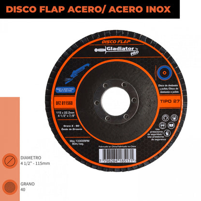 DISCO TRASLAPADO FLAP METAL/ACERO INOX 4 1/2′ G60 GLADIATOR