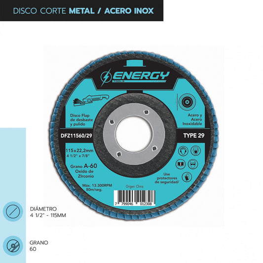 DISCO TRASLAPADO FLAP METAL/ACERO INOX 4 1/2′ G60 ENERGY