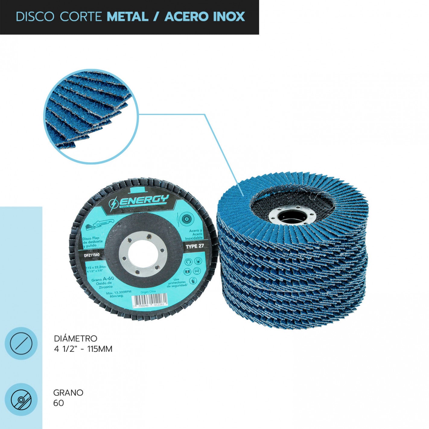 DISCO TRASLAPADO FLAP METAL/ACERO INOX 4 1/2′ G60 ENERGY
