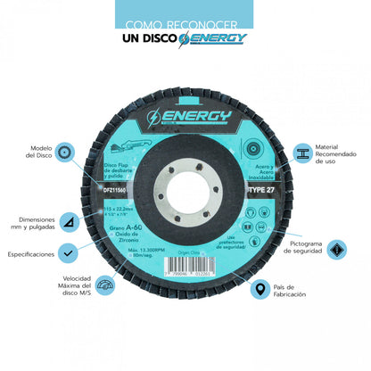 DISCO TRASLAPADO FLAP METAL/ACERO INOX 4 1/2′ G60 ENERGY