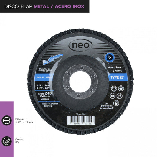 DISCO TRASLAPADO FLAP METAL/ACERO INOX 4 1/2′ G80 NEO